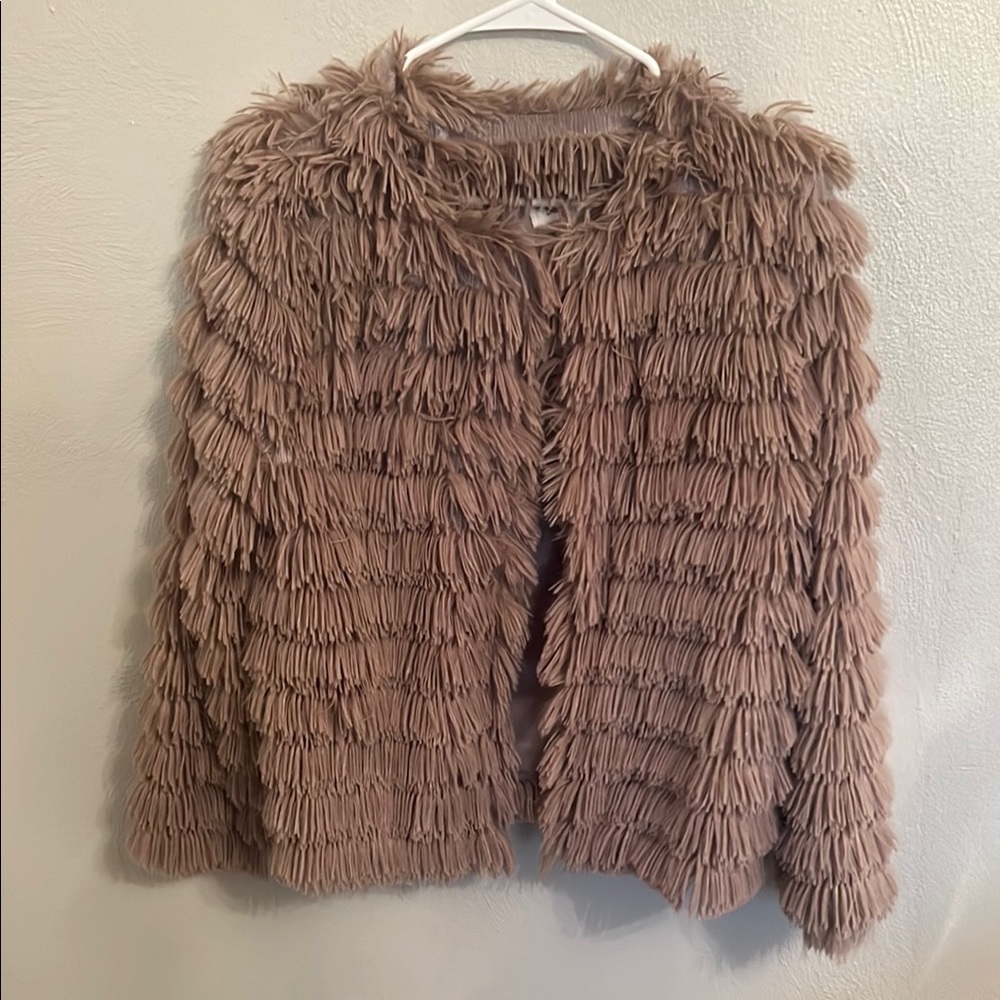 Tan Teddy Jacket with Shaggy Texture and Cropped Style